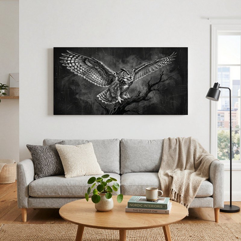 Ensemble de 1 tableau sur toile représentant un hibou en vol, L 32 po x H 16 po, Toile tendue