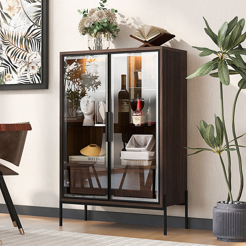 Lighted Display Cabinet With Tempered Glass Door, Led Curio Cabinet, Accent Cabinet, Black/Dark Walnut