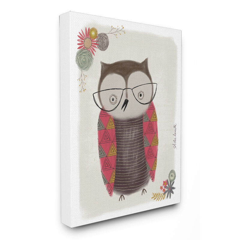 Chouette nerd, illustration sur toile, H 20 po x l 16 po x 1,5 po, Toile tendue