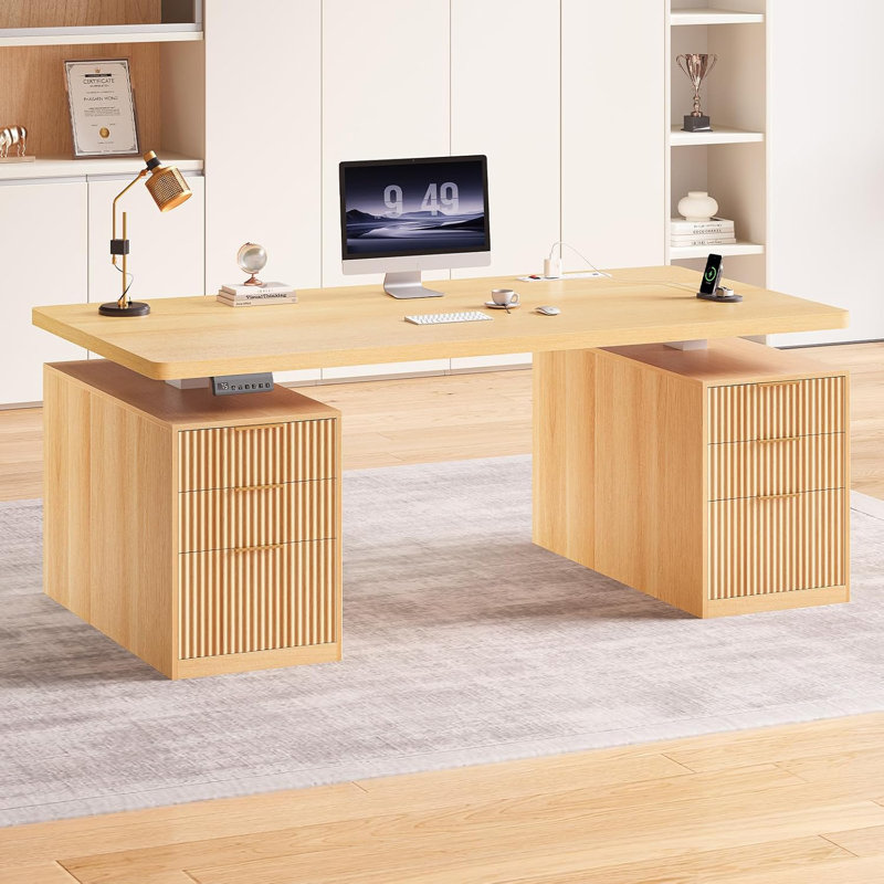 Electric Standing Desk With 6 Drawers, 55" Adjustable Stand Up Desk With Storage, Oak