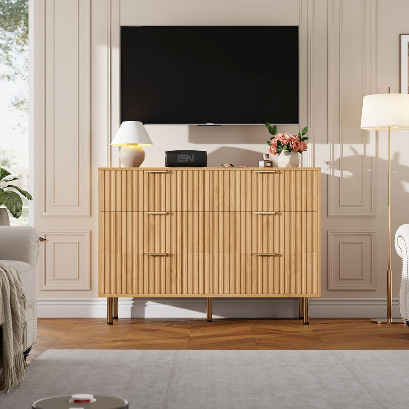 Natural 6 Drawer Fluted Wood Dresser with Gold Legs, Large Storage