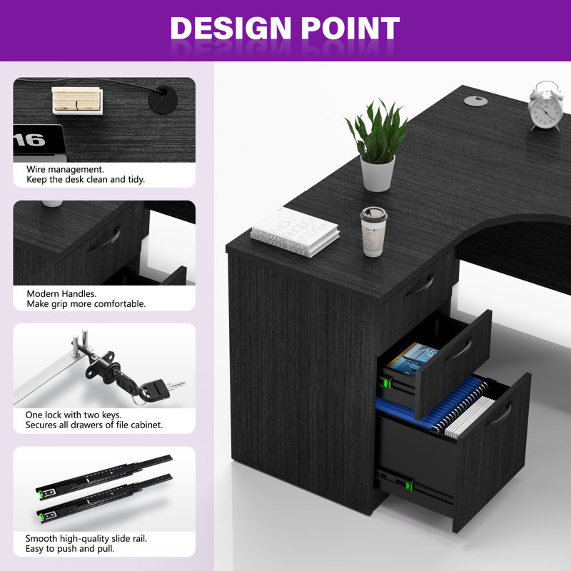 L-Shaped Executive Desk With Storage Cabinet, Gray