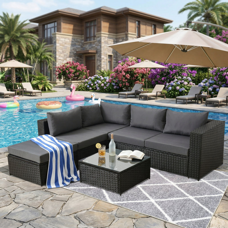 Ensemble de patio modulaire en osier 6 pièces avec table basse et coussins, Noir