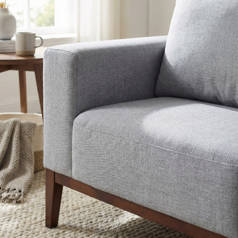 Roma Loveseat in Soft Grey Fabric with Wood Legs, 64", 33.5" H x 64" W x 36" D