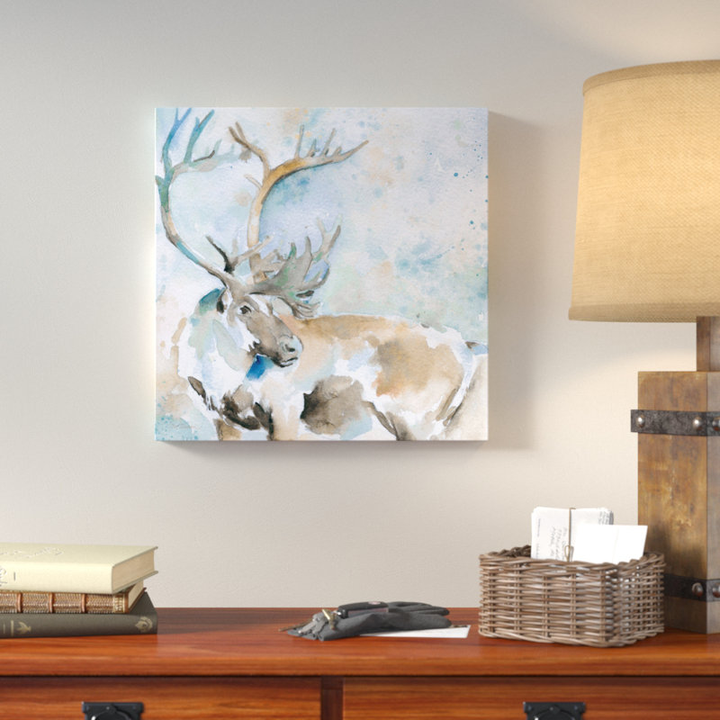 Caribou en bleu, reproduction d'art sur toile tendue, H 24 po x l 24 po x P 1 po, Papier d'art encadré noir, Blanc