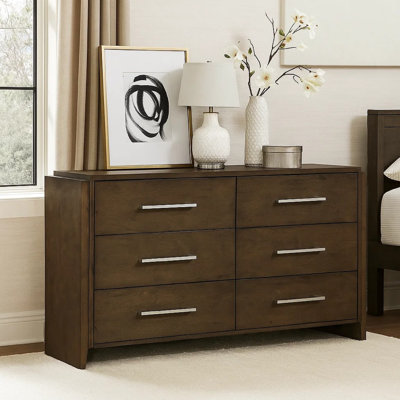 Ema Wide Dresser, 6 Drawers With Chrome Handles, Dark Walnut Brown