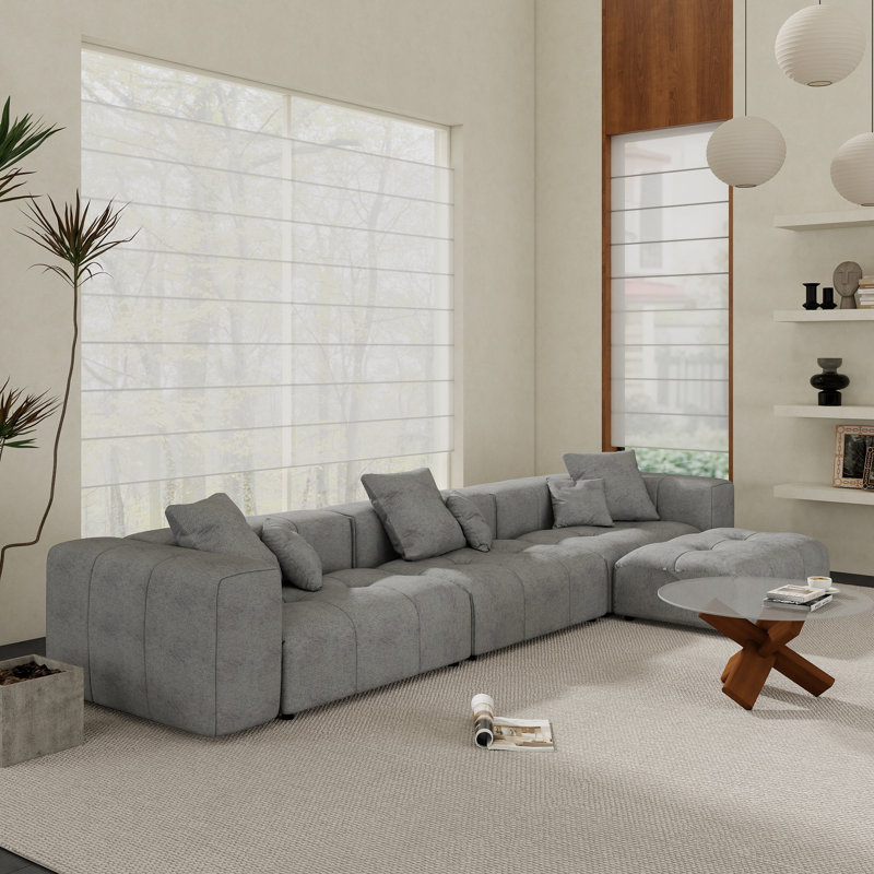 Kay Crumley 4-Piece Upholstered Modern Linen Fabric Sectional Sofa With Ottoman, Gray, 24.8" H x 131.14" W x 68.05" D