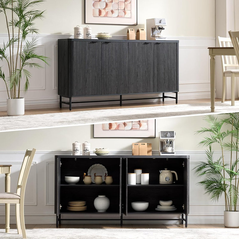 Buffet moderne à cannelures avec tablettes réglables - noir