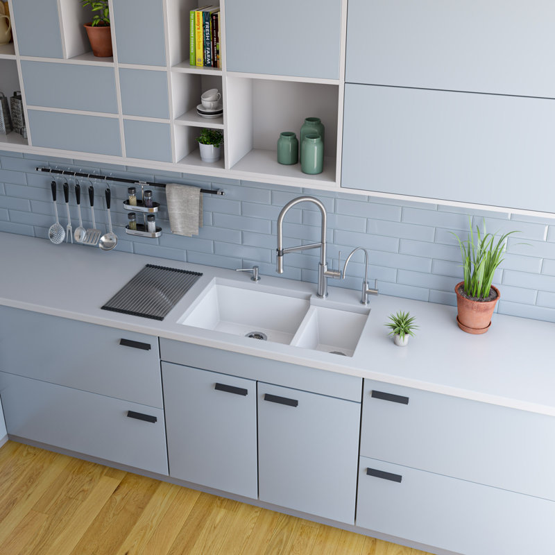 33.88'' L Double Bowl Granite Kitchen Sink, White