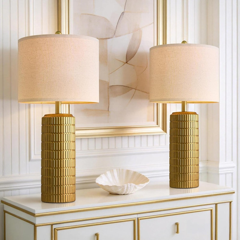 Ensemble de 2 lampes de table en laiton doré, lampes de chevet rétro en céramique avec abat-jour en lin pour chambre et salon