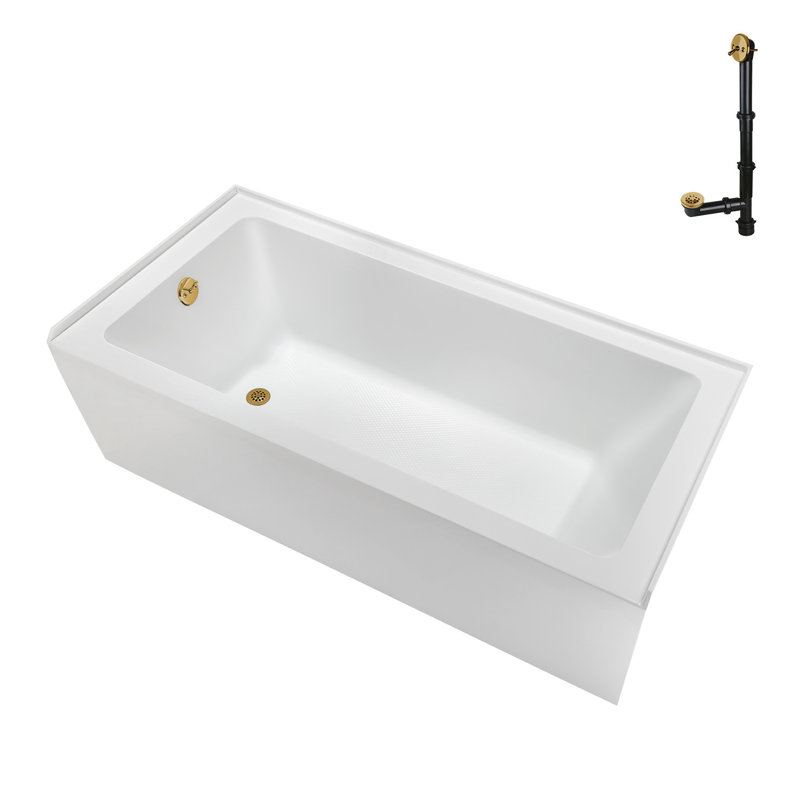 Baignoire en alcôve en acrylique blanc brillant avec drain externe 60 po x 30 po Streamline, Or brossé