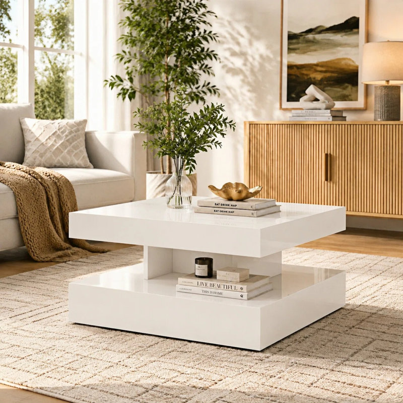 Charvez Square High Gloss LED Coffee Table with Open Storage, High Gloss White, 40cm H x 78cm W x 78cm D