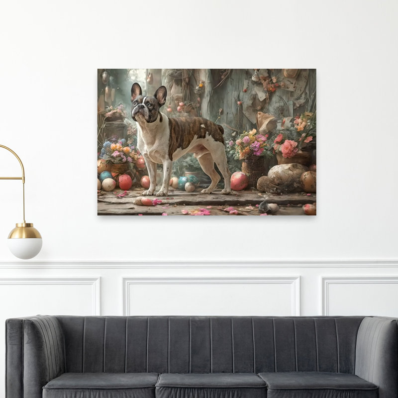 Bouledogue français, Pâques, fleurs, impression de chien de bouledogue rustique coloré, printemps, impression murale