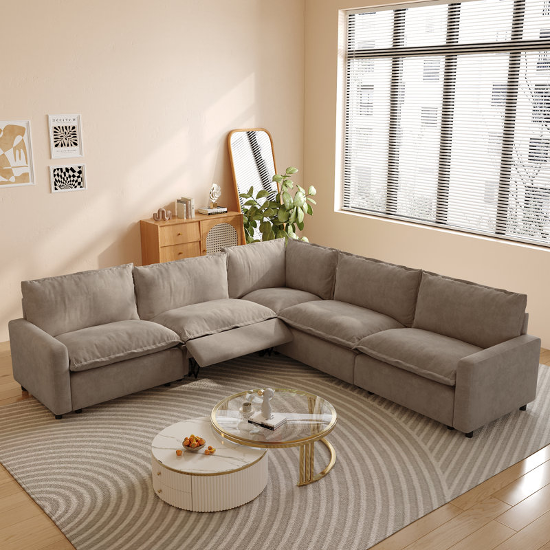 5-Piece Power Recliner Sectional Sofa, Couch With Heating Cushion, Khaki Linen