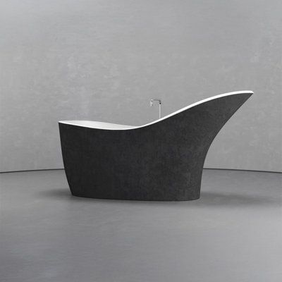 Vast Studio 67.3” x 29.7” Textured Black Concrete Freestanding Asymmetrical Bathtub – Black/White Metallic Deep Soaking Tub with High-Back Wave Design & Modern Luxury Finish