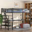 Lit plateforme mezzanine peu encombrant avec structure en métal avec bureau intégré, ton noir, aucun sommier requis