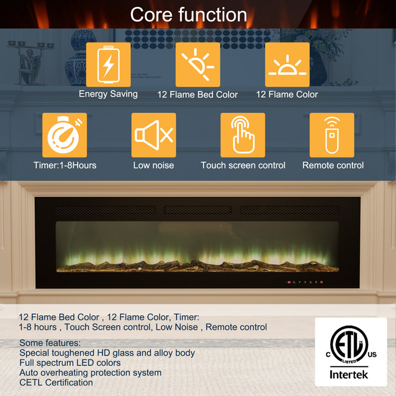 Rayva Classic Built-in or Wall-Mounted Direct Vent Electric Fireplace Insert, 16.54" H x 60" W x 4.33" D