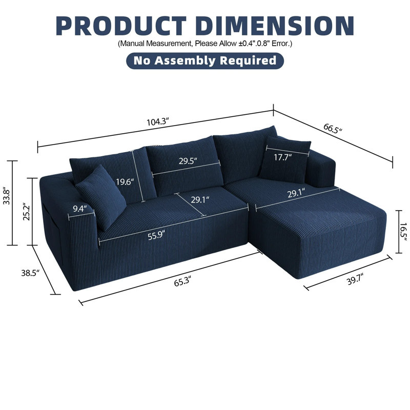 104" Modular L-Shape Cioffi with Chaise, Comfy Deep-Seat Cloud-Couch, Corduroy, Blue