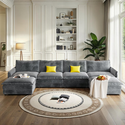 Oversized U-Shaped Sectional Sofa 4-Seater Corduroy Cloud Couch Deep Seat with 2 Movable Footrests