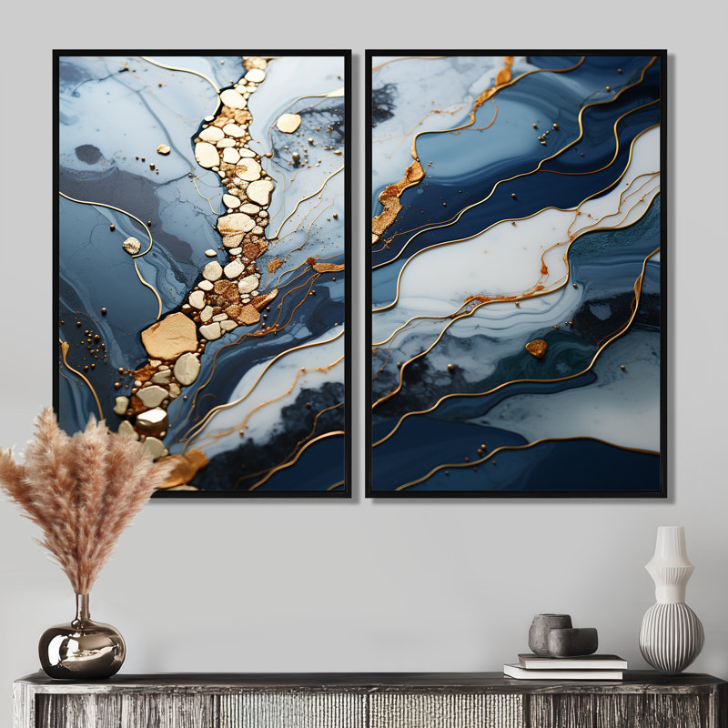 Bleu et or rivière de marbre II - décoration murale moderne, Noir, H 36 po x l 48 po, Impression encadrée flottante