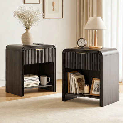 Fluted Nightstand With Charging Station, Modern Wood End Table With Drawers & Open Shelf, Curved Profile & Gold Handles, For Bedroom, Walnut (Set Of 2)