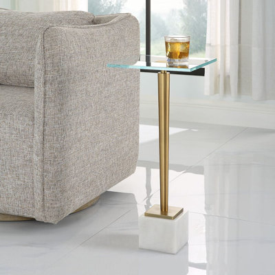Table d'appoint Lemy, plateau en verre carré de 11 pouces, marbre blanc, laiton rétro