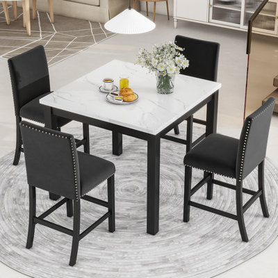 Ensemble de salle à manger 5 pièces en velours avec plateau en faux marbre