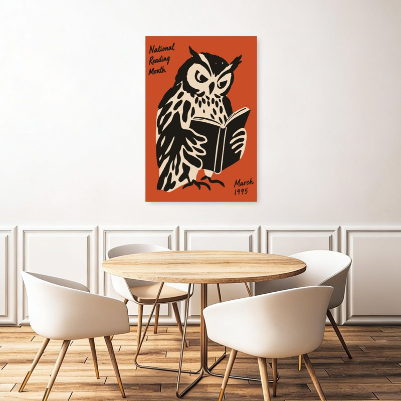 Hibou sage lisant un livre, affiche rétro vintage d'oiseau hibou dans la forêt, H 48 po x l 32 po