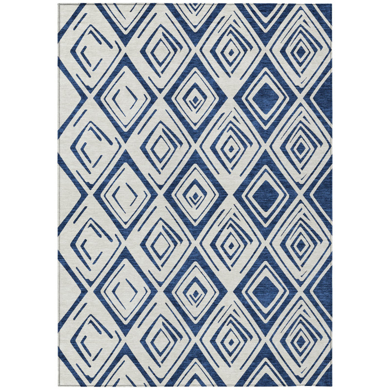 3' X 5' Navy Blue And Ivory Geometric Washable Indoor Outdoor Area Rug