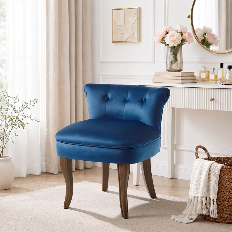 Chaise de coiffeuse rembourrée de 65,3 cm (25,7 po) avec dossier bas et pieds en bois massif, Bleu