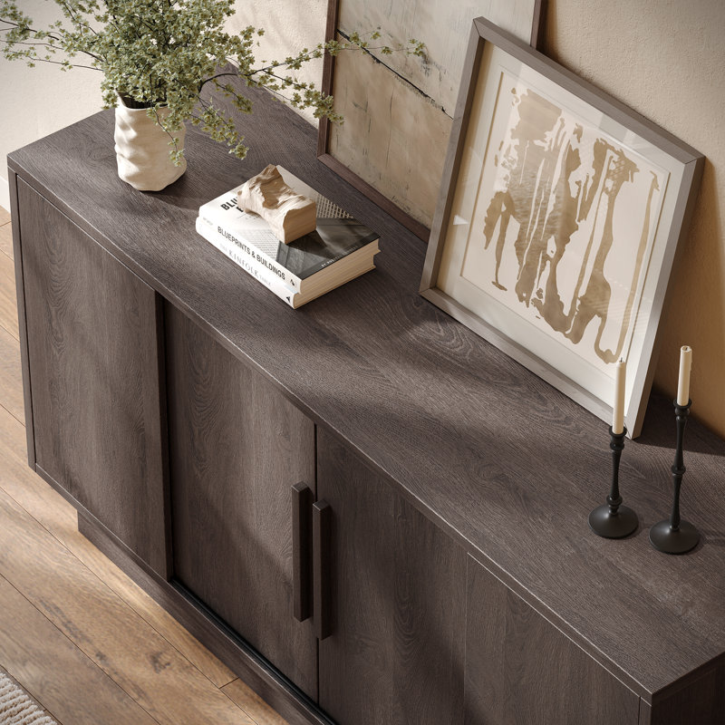 Buffet de 63 po avec 4 portes coulissantes et armoire de rangement en bois, Marron foncé