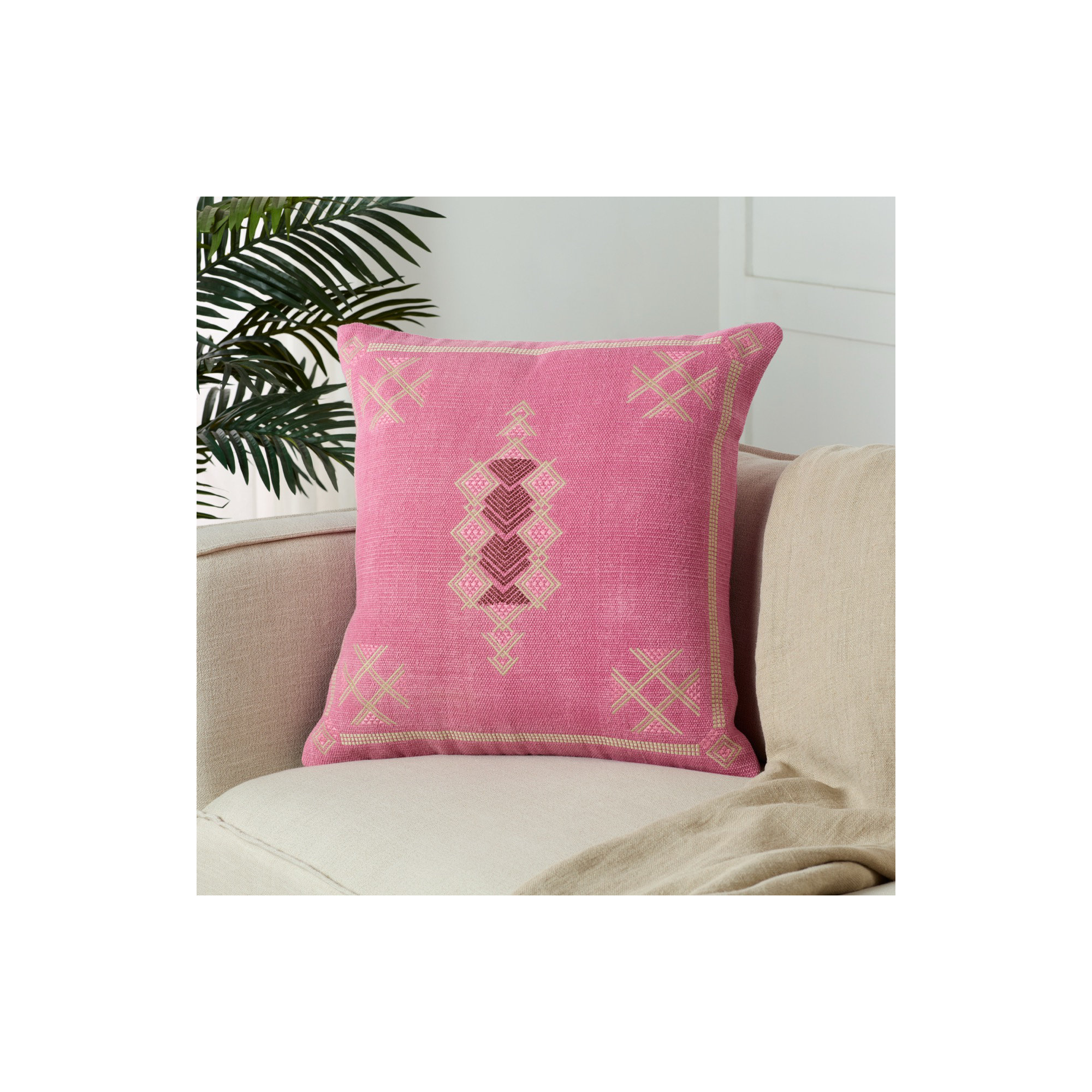 Mikes 100% Wool Throw Square Pillow, No Fill, Pink/Tan