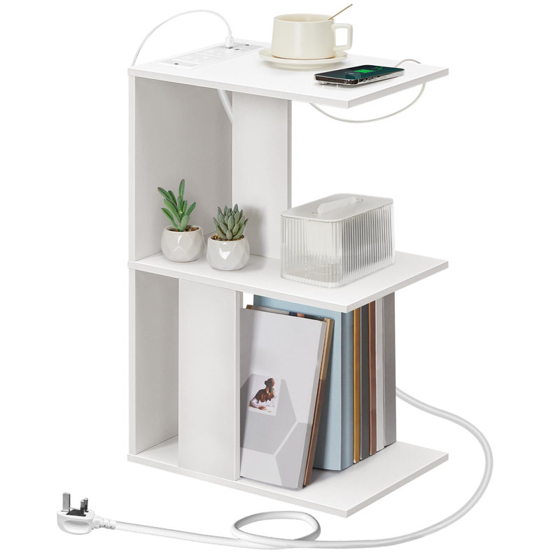 Side Table With Charging Station, Narrow Side Table With USB Ports And Sockets For Small Spaces, Bedside Table With Lamp, Narrow Table For Living Room