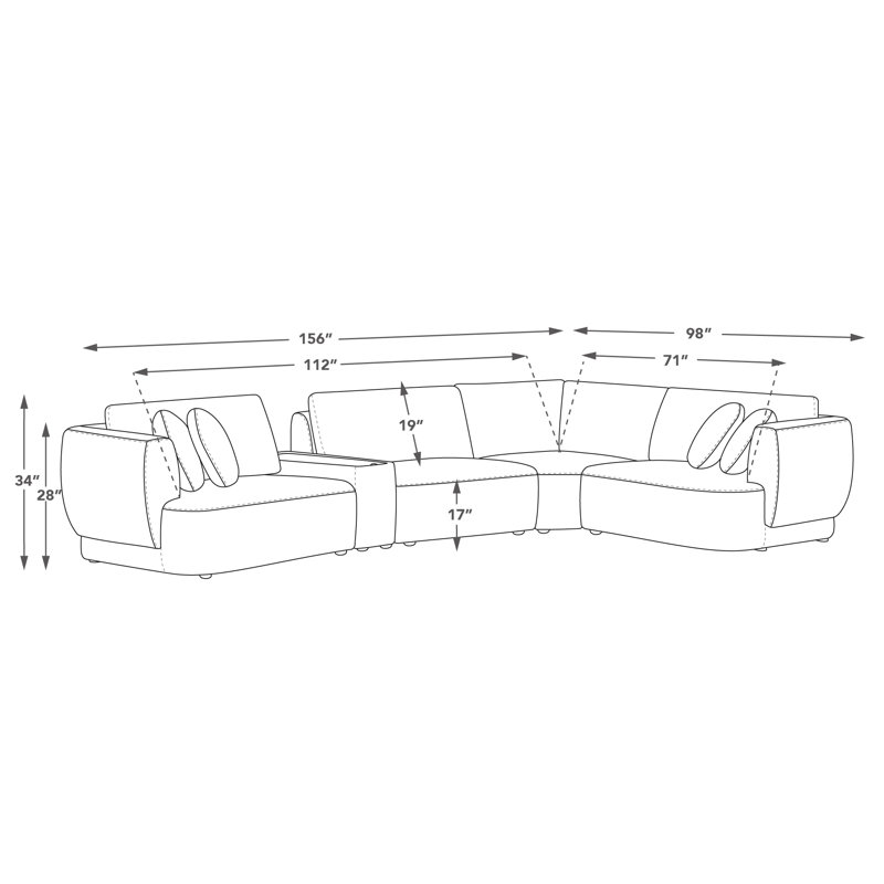 Aneika 156''W 5-Piece Curved Modular Oversized Sectional, Light Gray Polyester