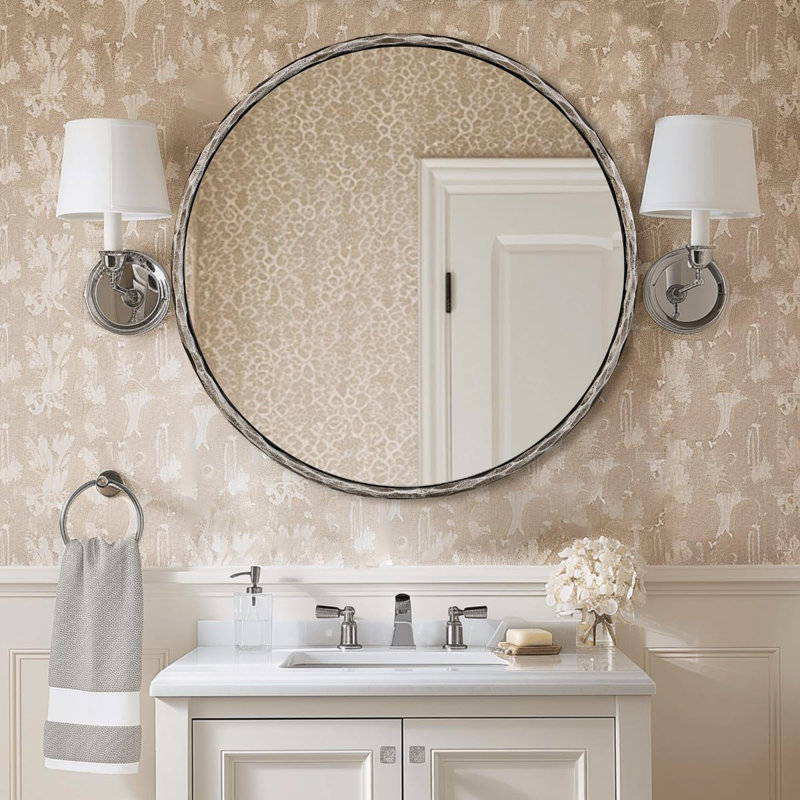 Vintage Round Bathroom Vanity Mirror | Hand-Hammered Iron Frame, 30" x 30", Forged Silver