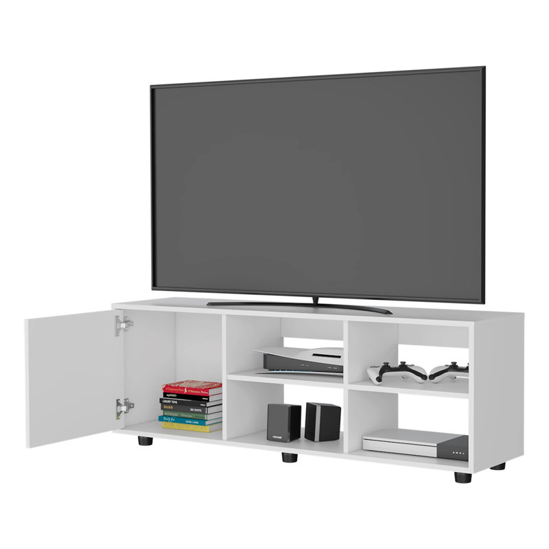 Meuble télé blanc avec porte et rangement ouvert sur place, Blanc