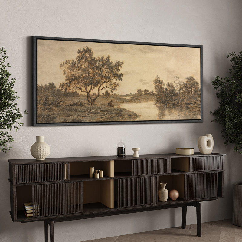 «Misty Riverbank Solitaire Tree», reproduction encadrée, H 30 po x l 60 po, Noir