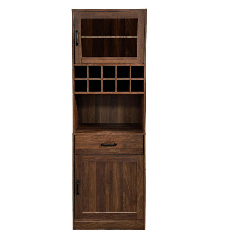 Armoire de cuisine coulissante à plusieurs niveaux, armoire de ferme avec portes en verre et rangement pour le vin, noyer brun