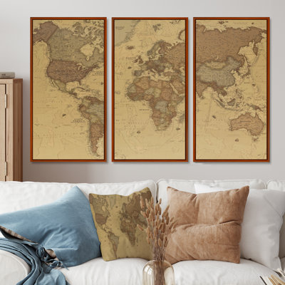 Ancienne carte du monde III - cadre flottant de 3 pièces, impression sur toile