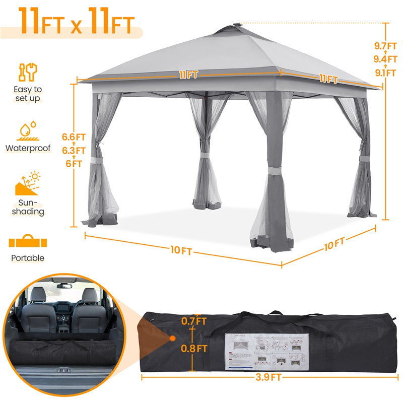 11 Ft. W x 11 Ft. D Iron Patio Gazebo with Solar LED Lights, Stainless Steel, Gray