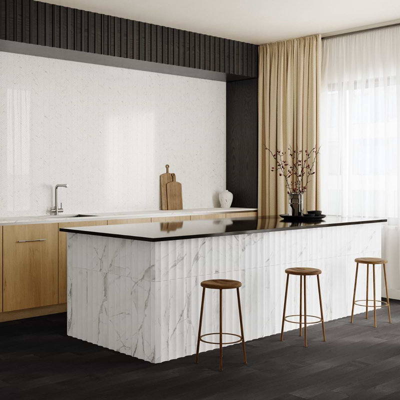 Stonework Alaska White 12x24 Marble Tile, Fluted 3D Honed