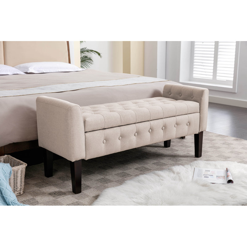Diethmar Fabric Storage Bench with Rubberwood Legs, Beige
