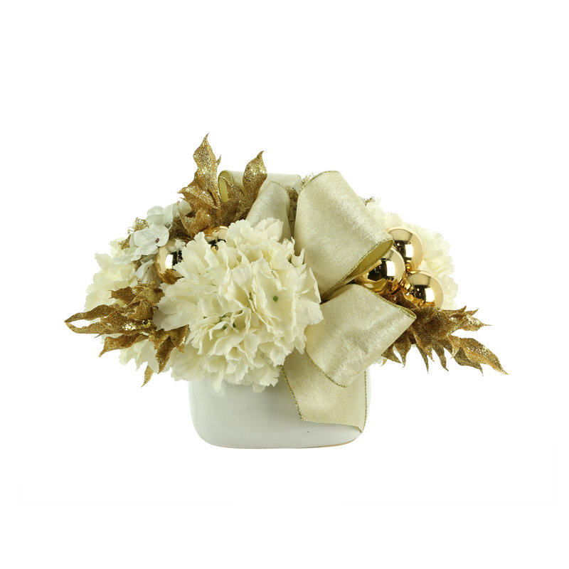 Holiday Arrangement With Hydrangeas And Ornaments