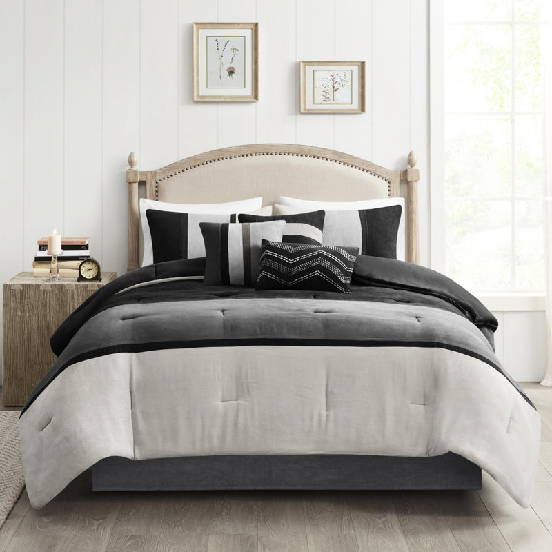 Édredon grand en suède noir 7 pièces pour grand lit - Collection de literie douce et confortable, Noir / blanc
