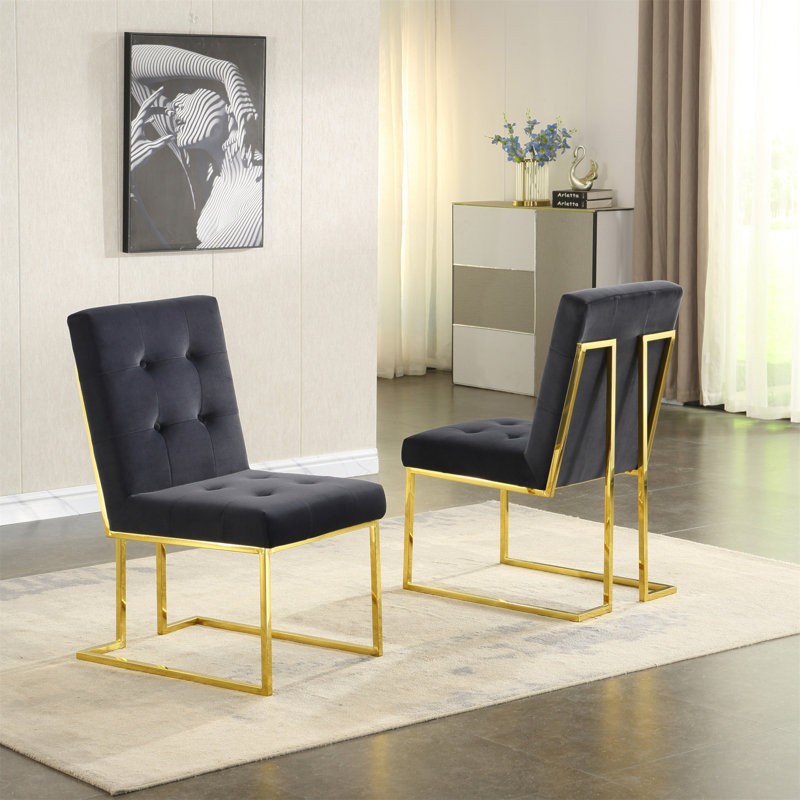 Ensemble de 2 chaises de salle à manger Modern Velvet, conception capitonnée et base en acier inoxydable, Black