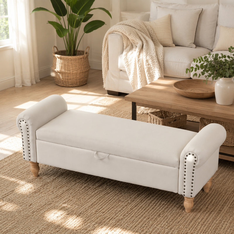 Banc de rangement avec repose-pieds et bancs en tissu