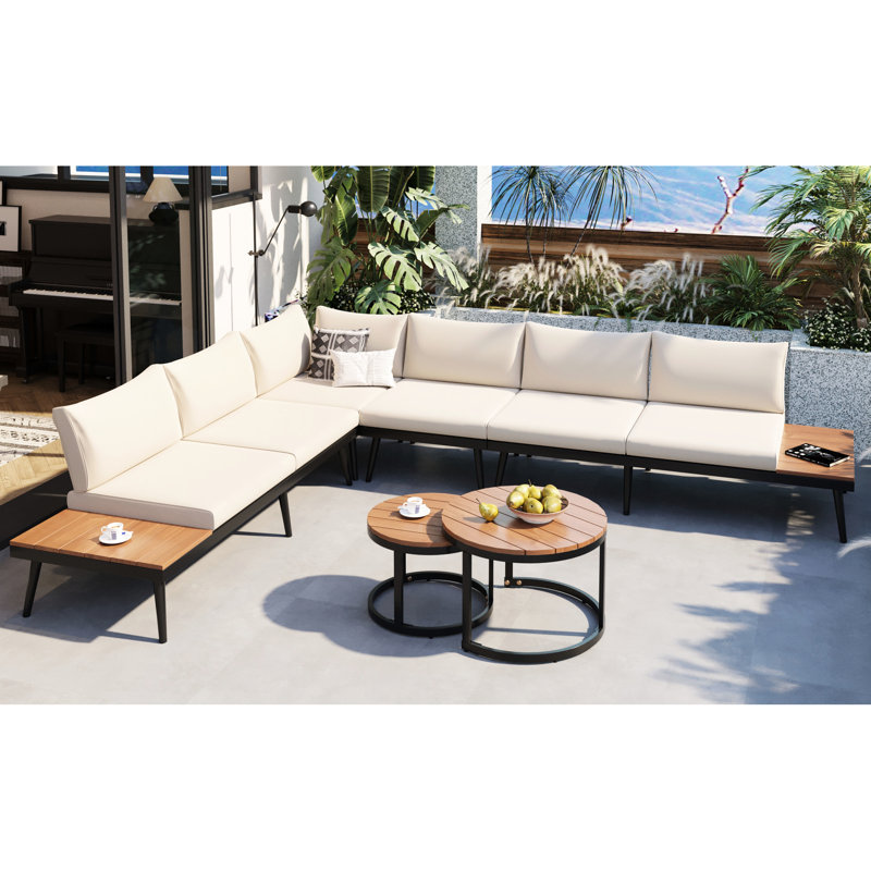 Canapé modulaire beige avec bois et - Housses de coussin pour sièges d'extérieur en fer thermolaqué -
