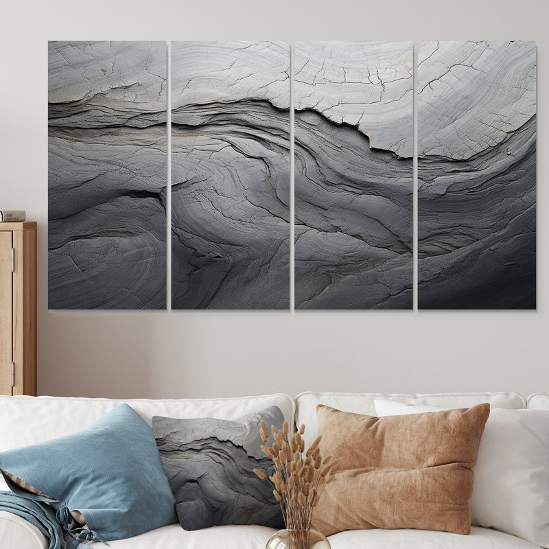 Gris et blanc pierre rivière III - abstrait, art mural 4 pièces, H 28 po x l 48 po