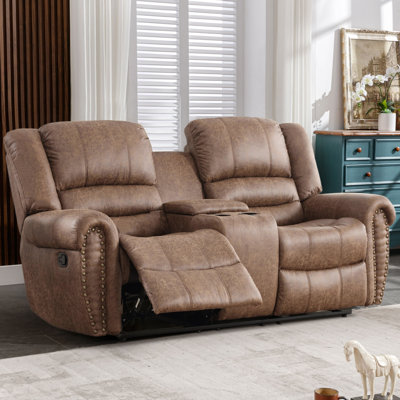 Causeuse inclinable manuelle en similicuir de 76 po de large avec console centrale Margena