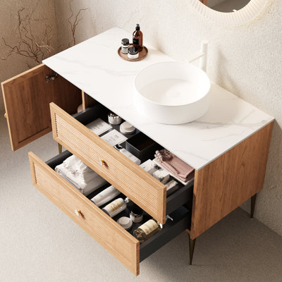 Meuble-lavabo autoportant de 48 po, lavabo en céramique blanche, contreplaqué épais de 0,7 po, finition chêne avec grain de bois naturel, 3 tiroirs, 1 porte, système de tiroir à fermeture en douceur, meuble-lavabo rond 16 po pré-assemblé